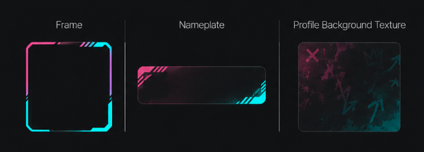 Creator collection concept with a neon pink and cyan frame, matching nameplate, and profile background texture