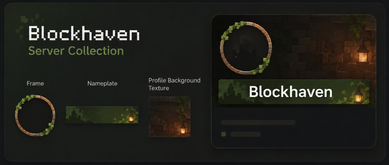 Blockhaven server collection concept with a mossy wooden frame, green nameplate, and stone profile background texture